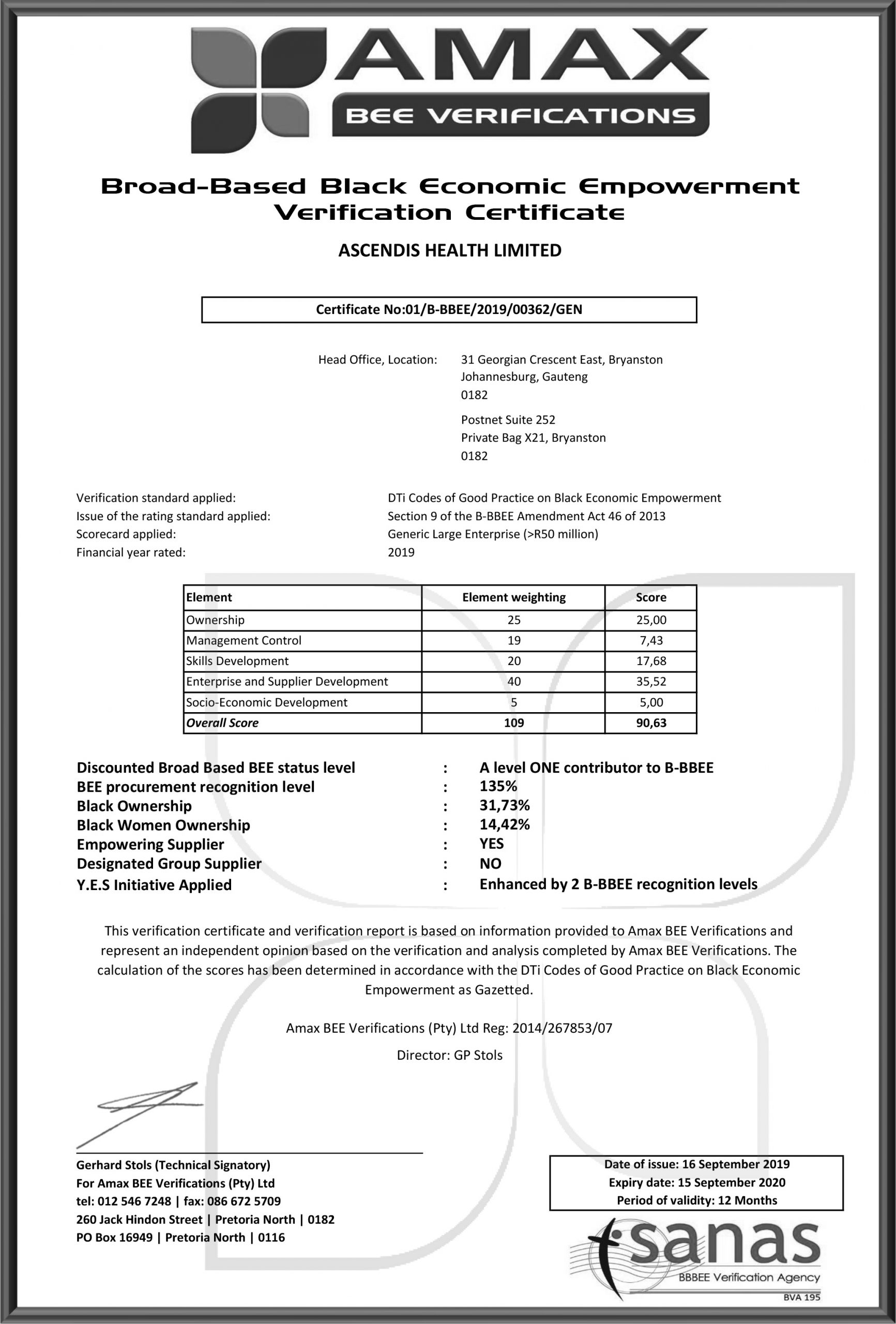 Ascendis Bbbee Certificates 3307